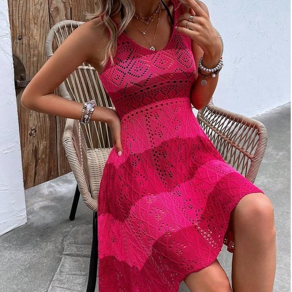 . Dresses & Skirts - Pink Womens Colorblock Pointelle Knit Cover Up Dress